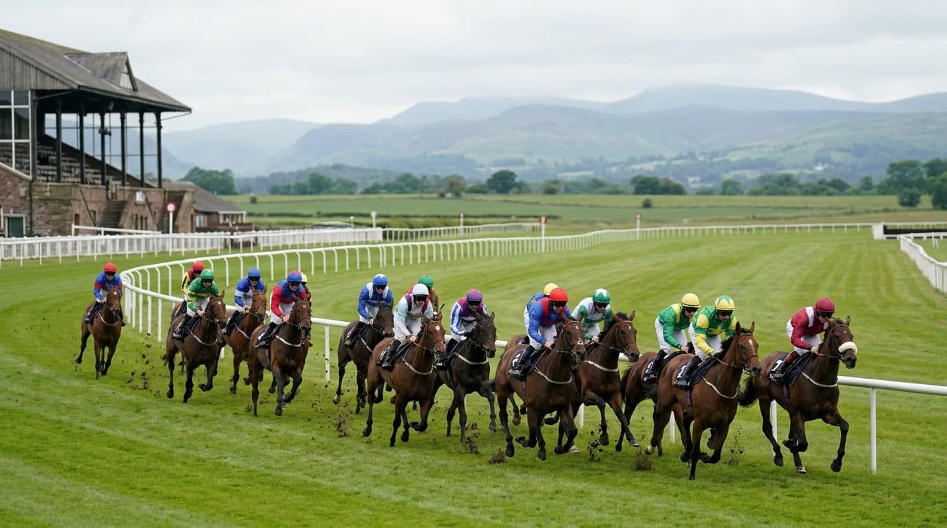 A big field of flat runners racing left to right round a bend by the white rail, an old stone grandstand on the left and fells under a grey sky