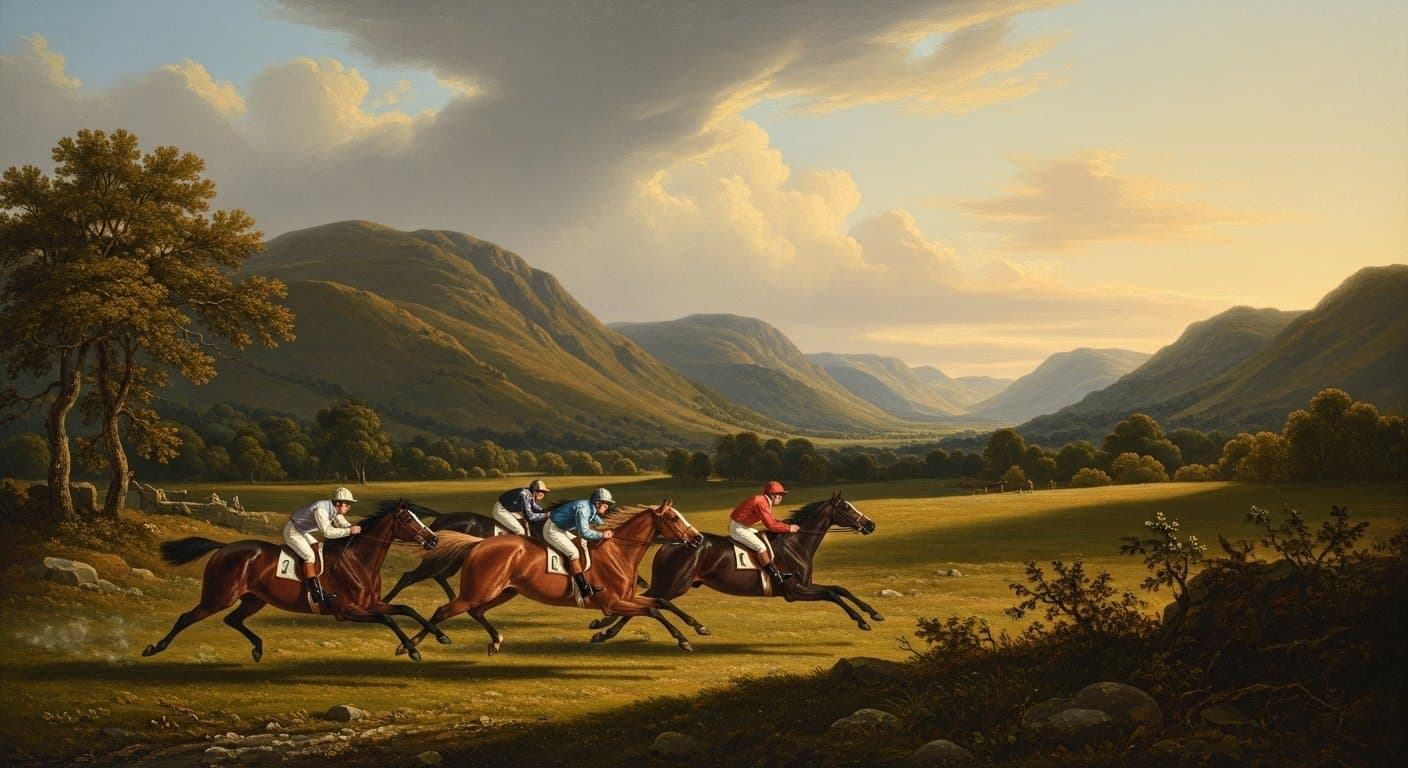 Horses rounding the final bend at Carlisle Racecourse on Cumberland Plate Day with the distinctive pear-shaped track visible against the Cumbrian countryside
