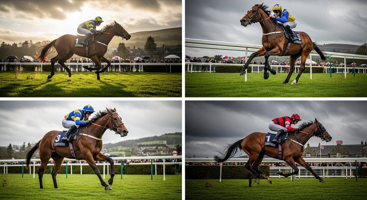 A front-running chaser clearing a fence at Cartmel racecourse on a summer Bank Holiday