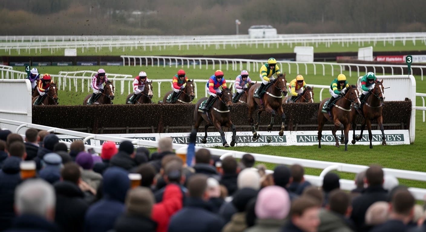 Horses jumping over fences at Catterick racecourse on a cold January North Yorkshire Grand National day
