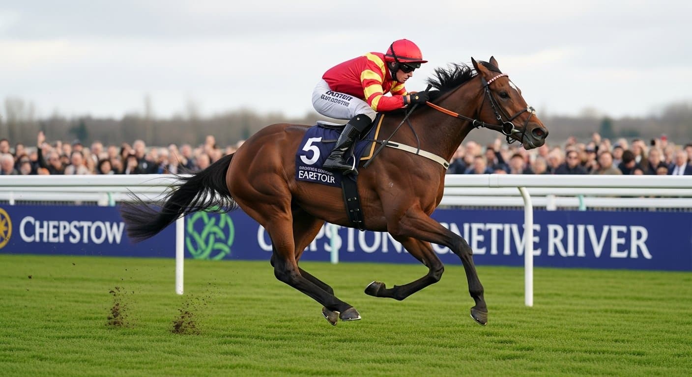 A powerful staying chaser leading over the last fence at Chepstow on Welsh Grand National day