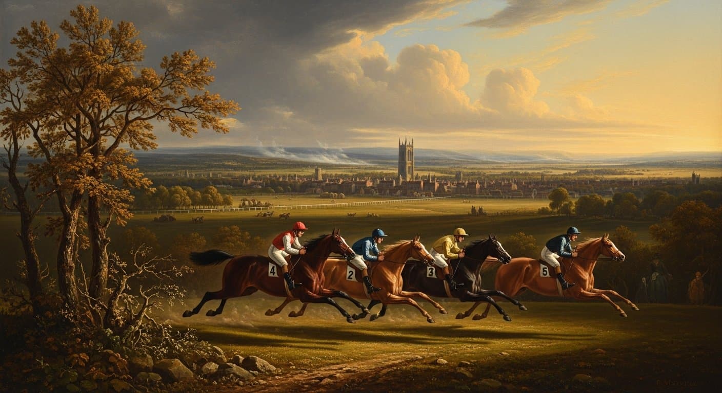 Crowds at Doncaster Racecourse on St Leger Day, Town Moor grandstand under September skies