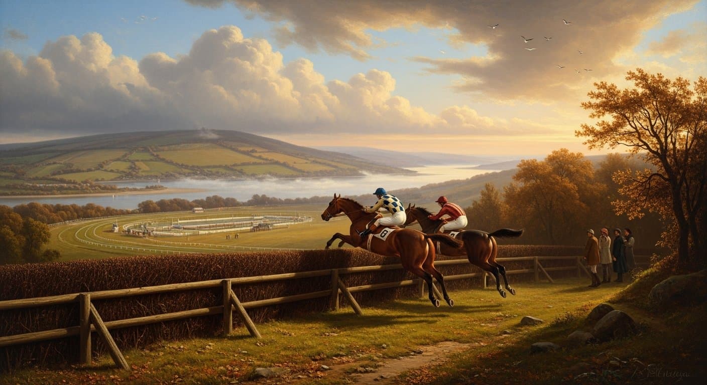 Horses jumping at Exeter Racecourse on Haldon Gold Cup day