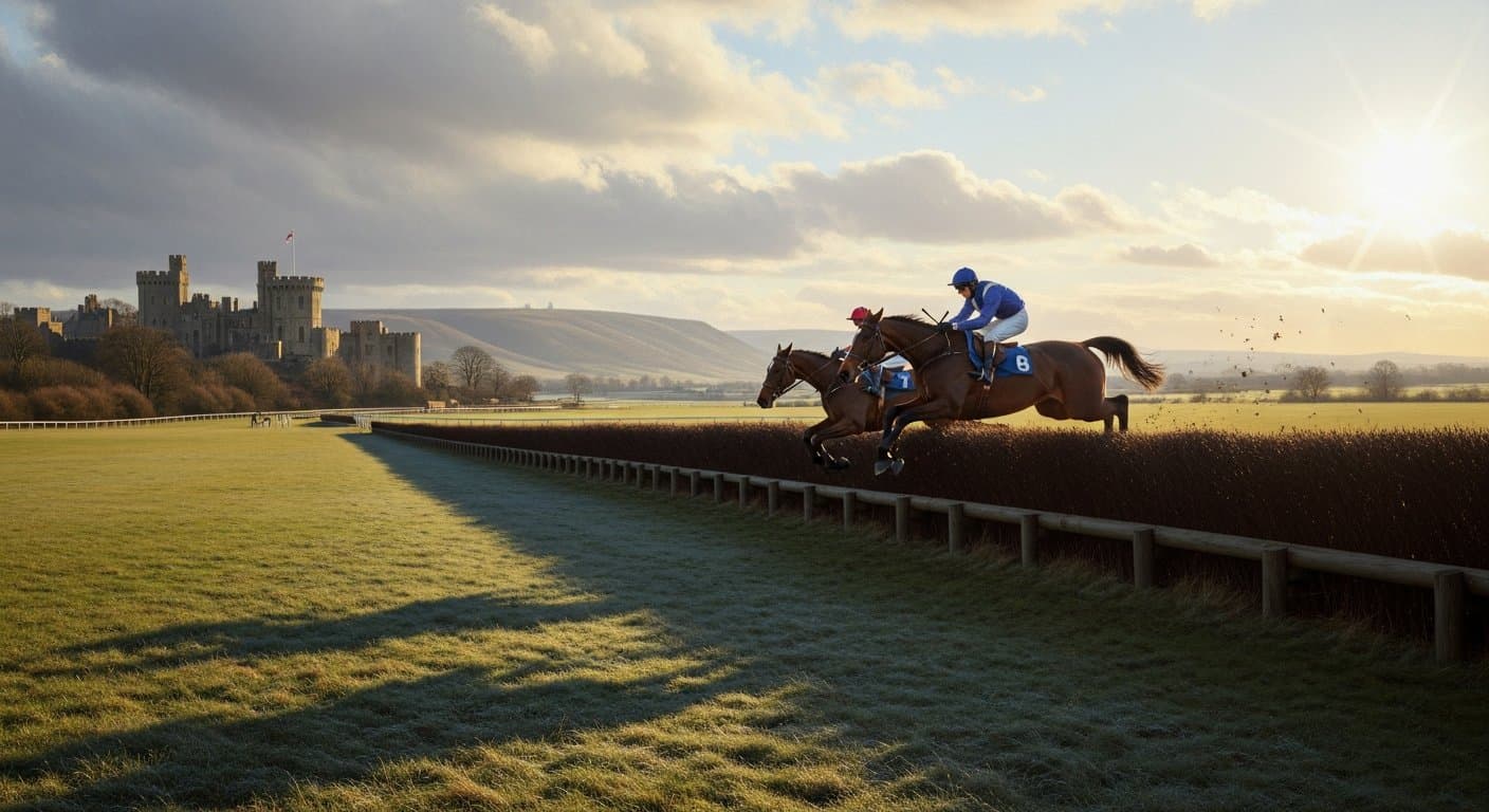 Horses jumping at Fontwell Park's figure-of-eight chase course
