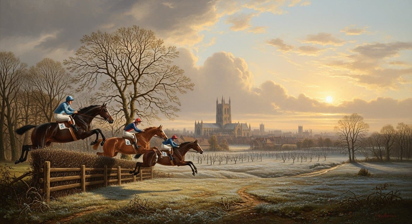 Horses racing at Hereford Racecourse with the Welsh border countryside behind