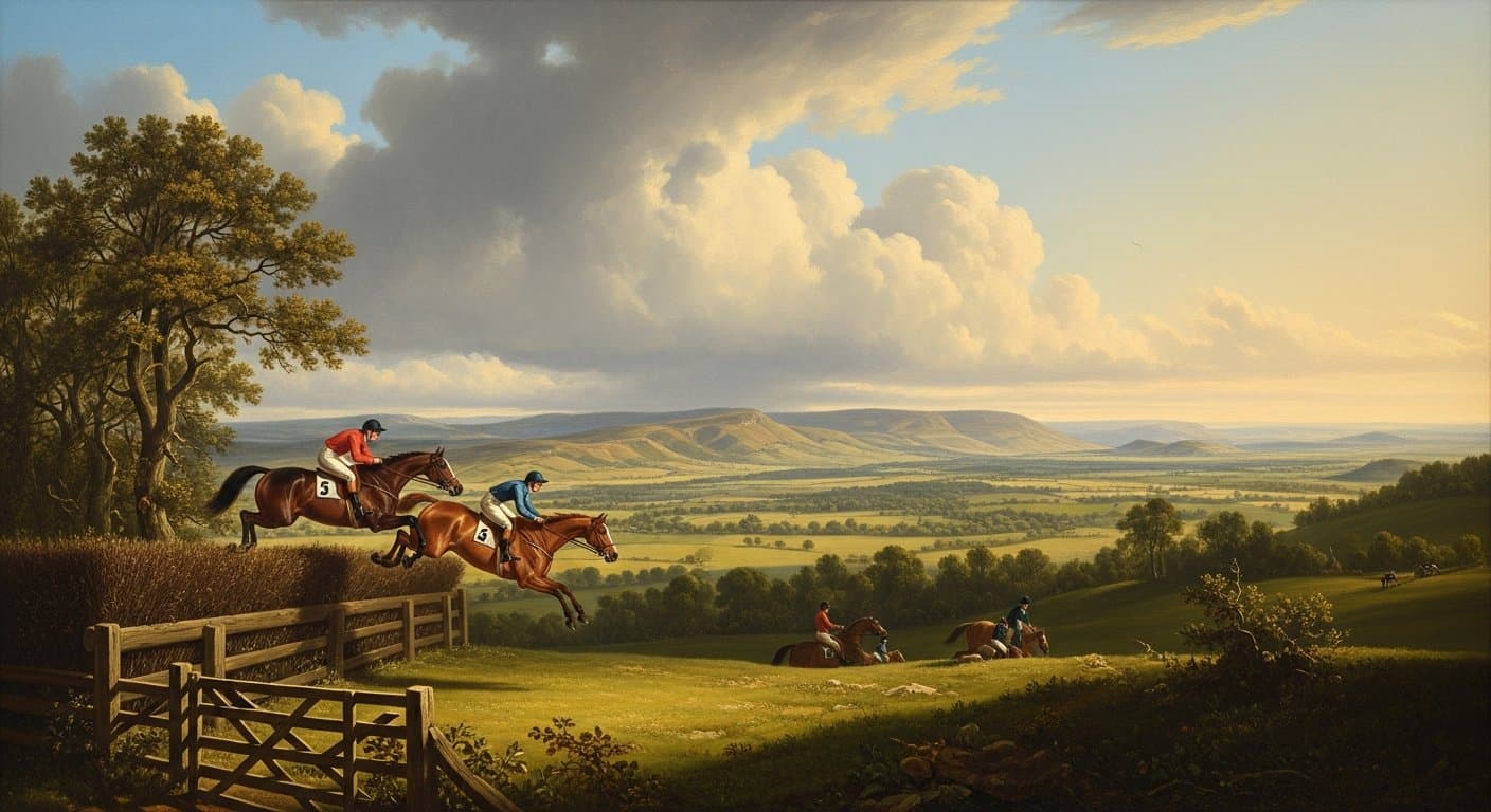 Horses racing on the hilltop circuit at Hexham Racecourse with Northumberland countryside in the background