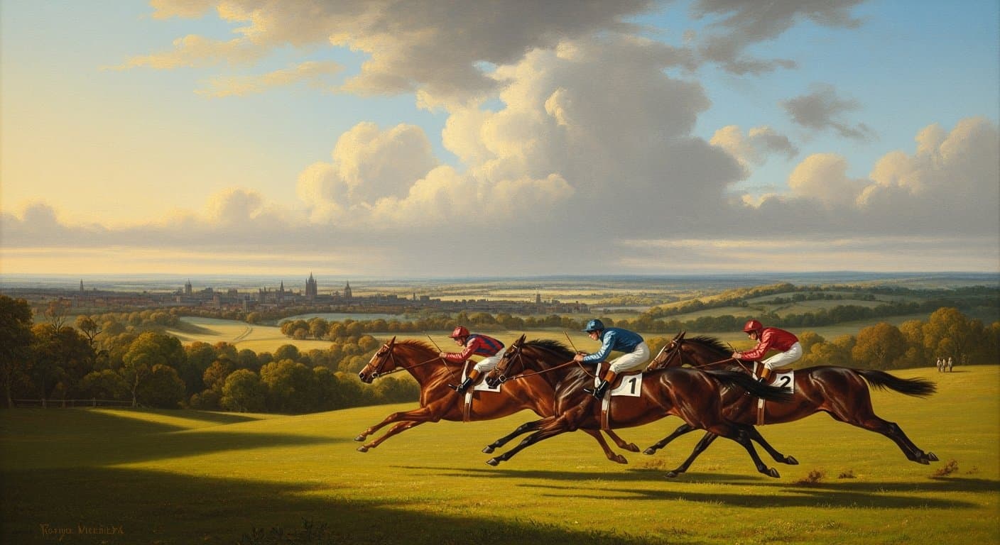Horses racing on the flat at Leicester Racecourse on a summer afternoon