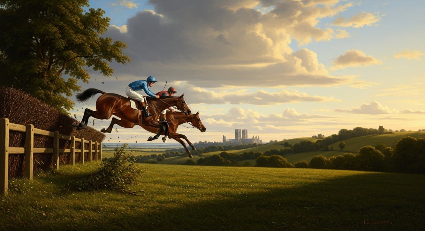 Horses jumping on a sunny summer day at Market Rasen's tight circular course during the Summer Spectacular