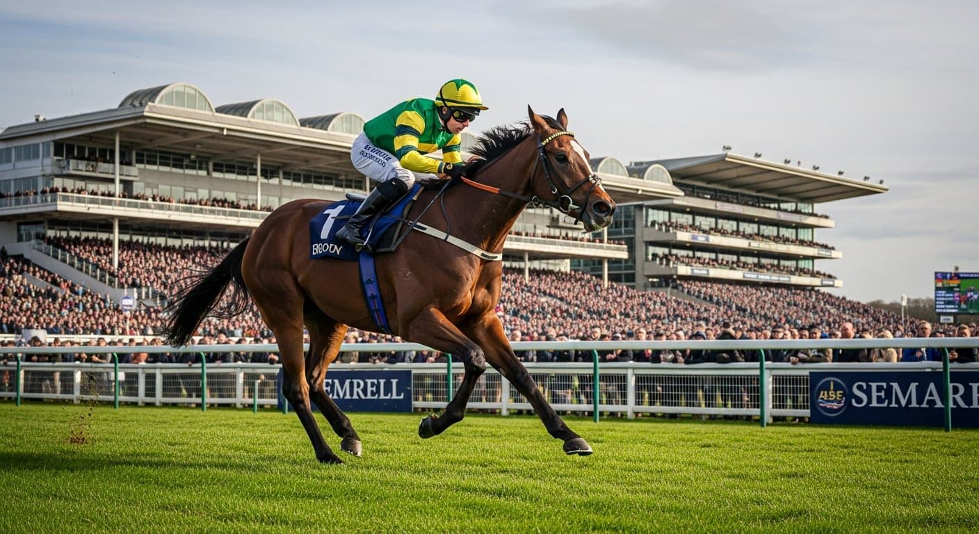 A chaser jumping a hurdle at Market Rasen Racecourse in Lincolnshire