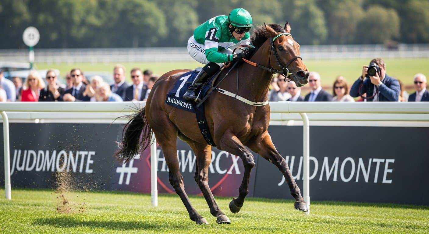 A thoroughbred racehorse galloping on Newbury's wide flat track
