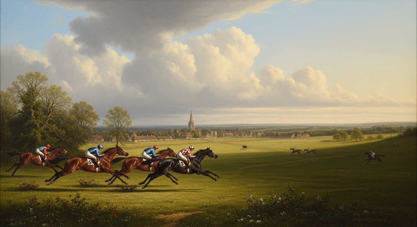Racegoers at Newmarket on 2000 Guineas Day, the Rowley Mile grandstand visible against a bright April sky
