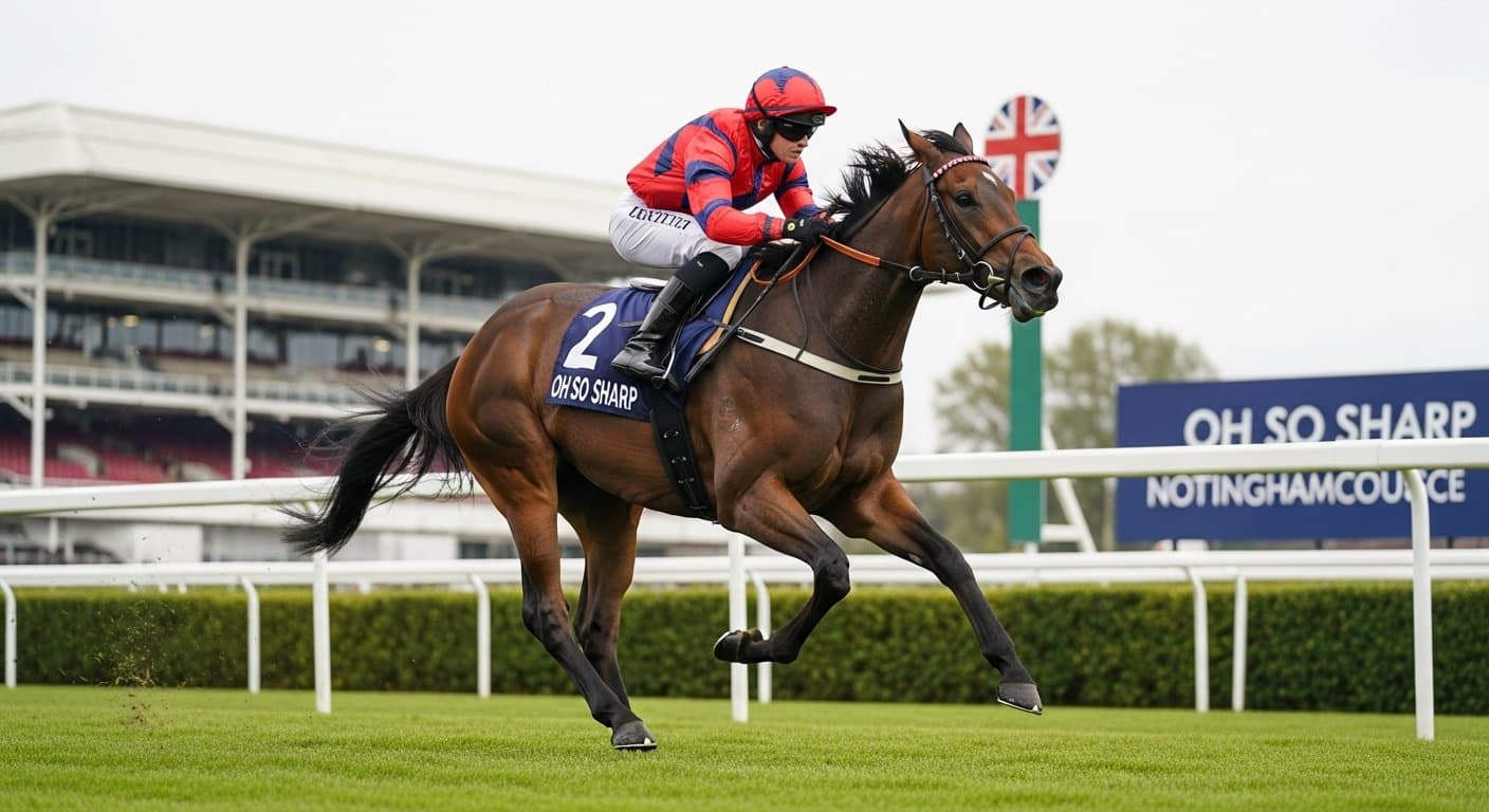 A thoroughbred filly on the galloping flat track at Nottingham Racecourse