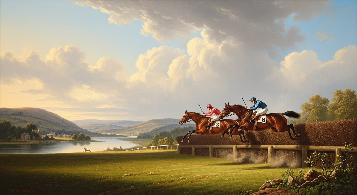 Horses jumping fences on the flat right-handed course at Perth during Gold Cup Day