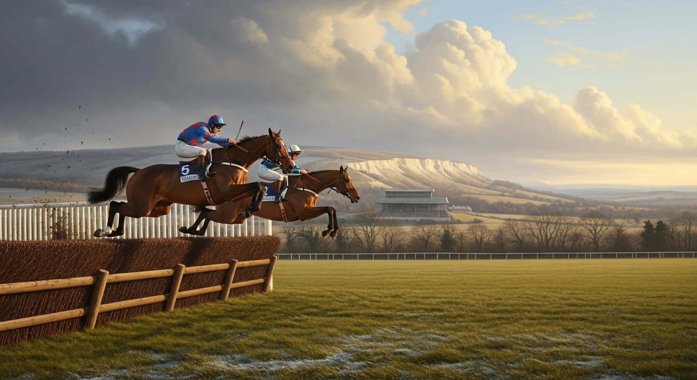 Horses clearing a fence at Plumpton Racecourse with the South Downs in the background
