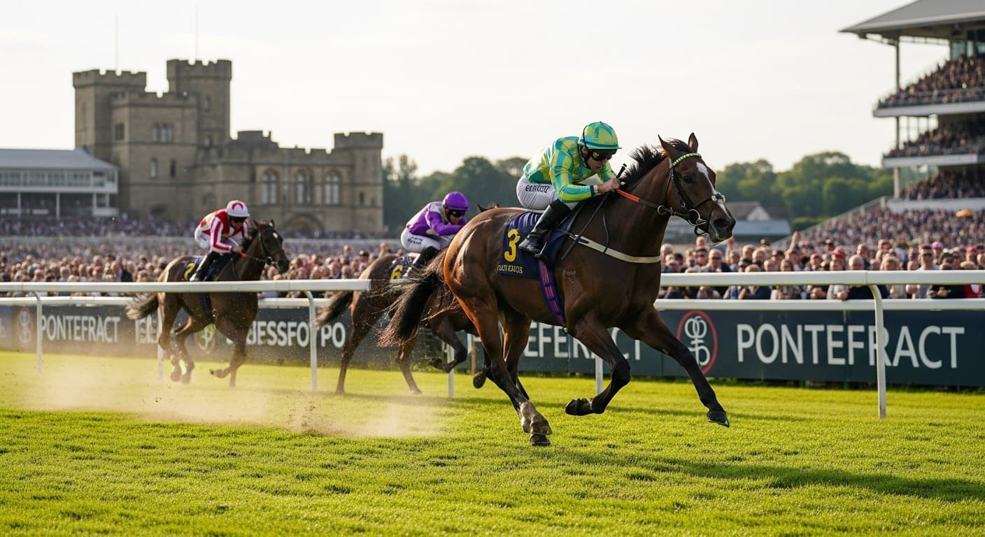 Horses racing up the famous hill at Pontefract Racecourse in West Yorkshire