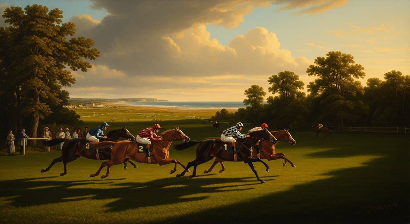 Horses racing on the straight at Redcar Racecourse