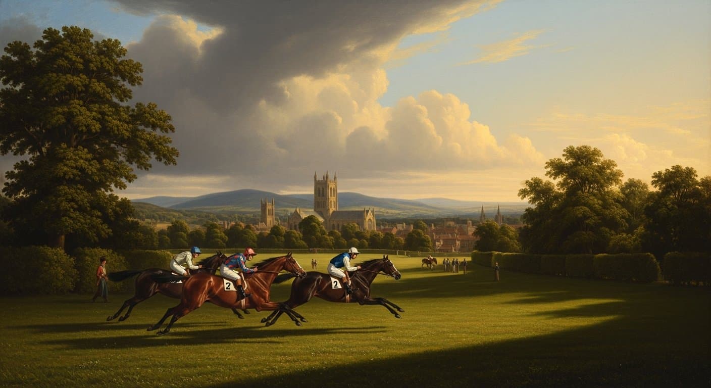A huge field of sprint handicappers rounding the sharp final turn at Ripon's garden racecourse on Great St Wilfrid's Day with the crowd packed along the rail