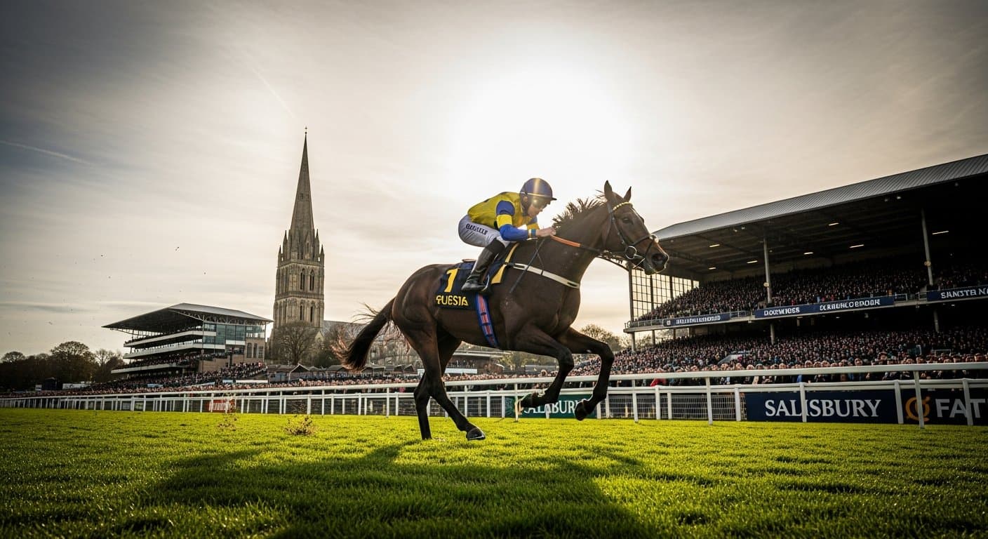 A chestnut thoroughbred galloping up the uphill finish at Salisbury racecourse on a summer afternoon