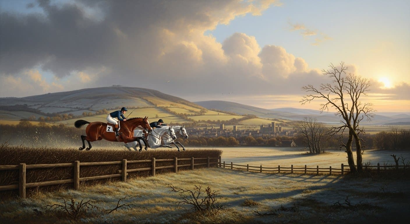 Horses jumping the final fence at Taunton Racecourse on Silver Trophy Day with autumn Somerset countryside in the background