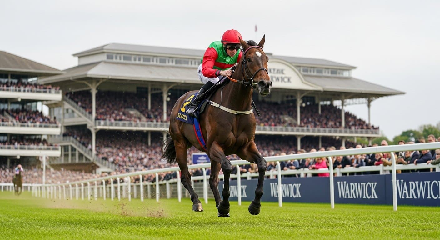 Jump racing action at Warwick Racecourse