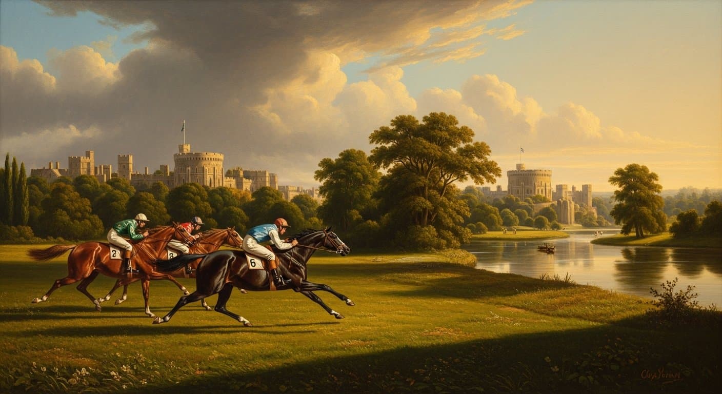 Evening racing at Windsor Racecourse with the castle in the background