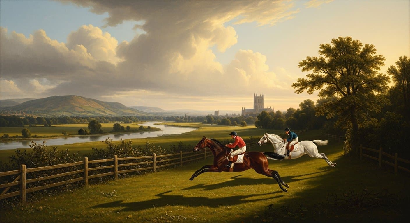 Horses jumping a hurdle at Worcester Racecourse with Worcester Cathedral visible in the background on a summer evening