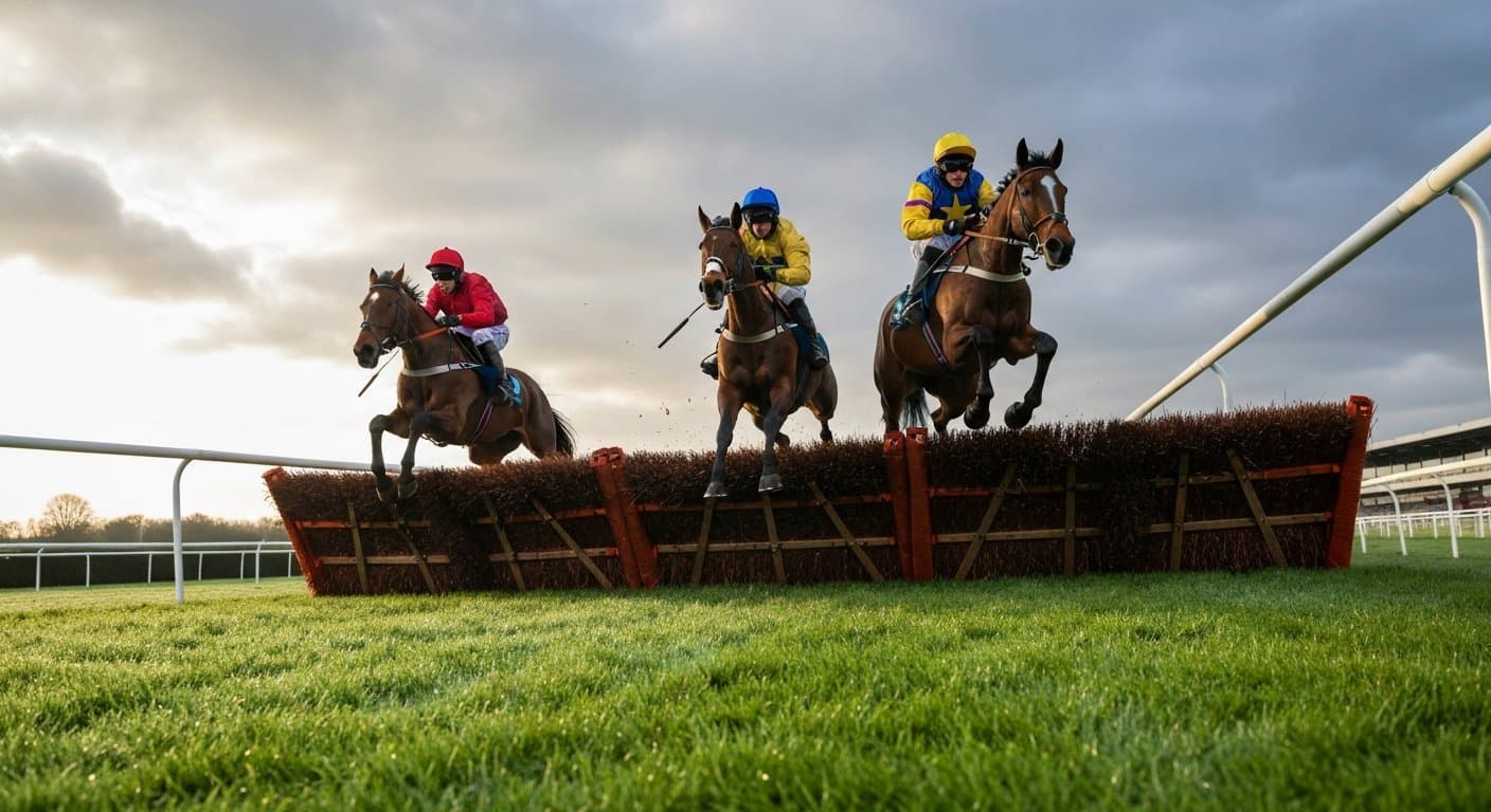 Three racehorses clearing a brush fence mid-leap on the Mildmay Course at Aintree