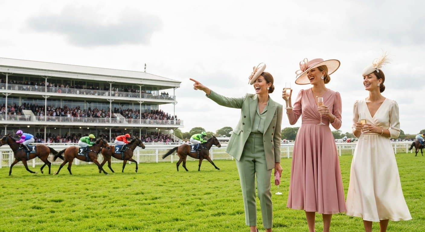 Stylish women racegoers in pastel dresses watching the race at Aintree Ladies Day
