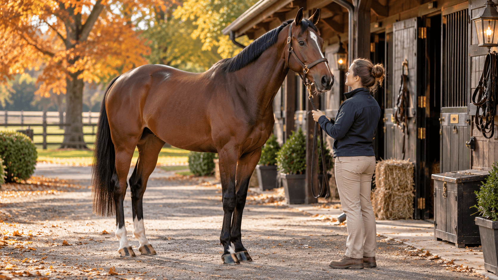 A thoroughbred mare standing quietly with a groom outside a stable