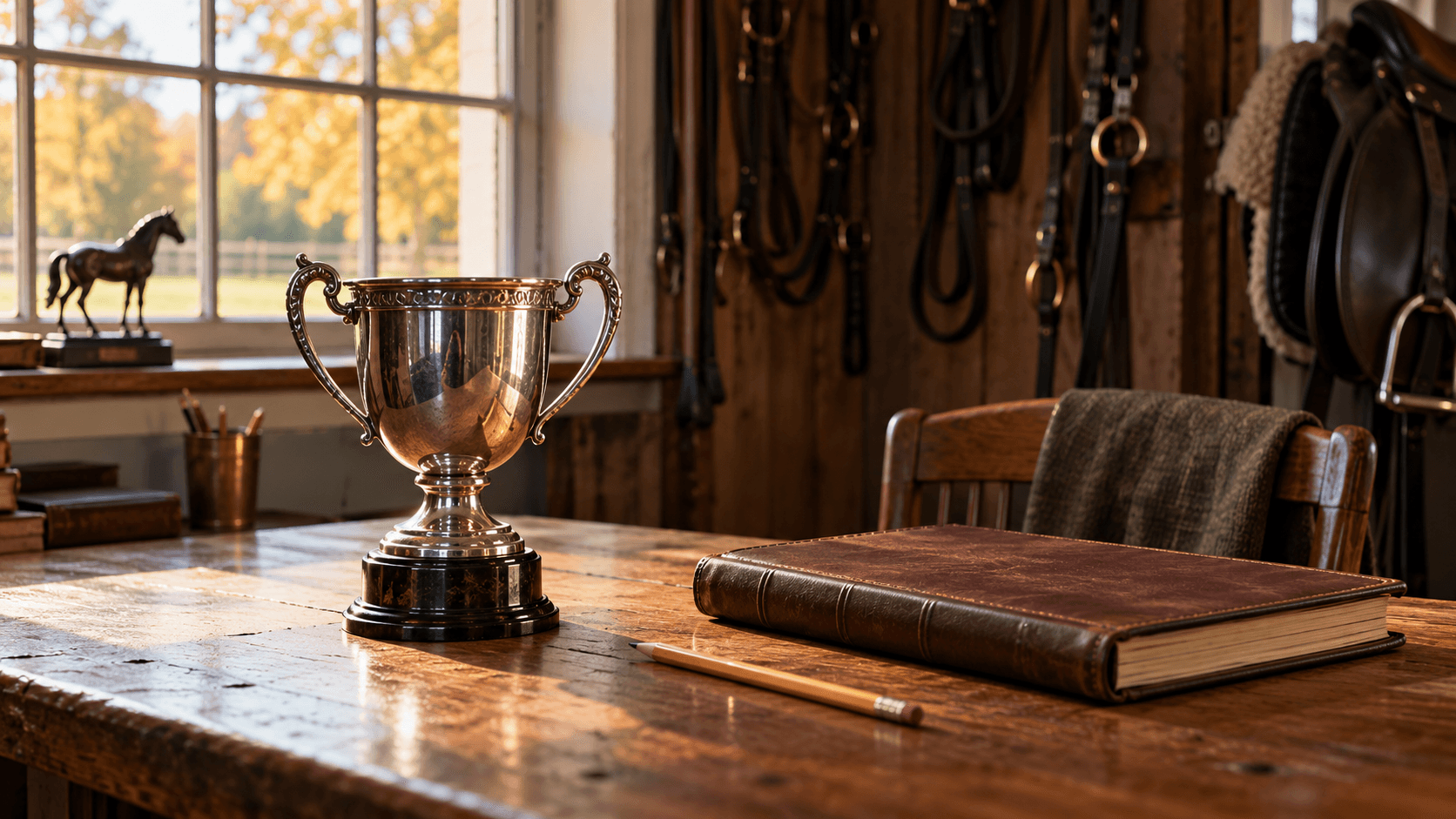 A silver winner's cup, ledger and pencil on a stable office table