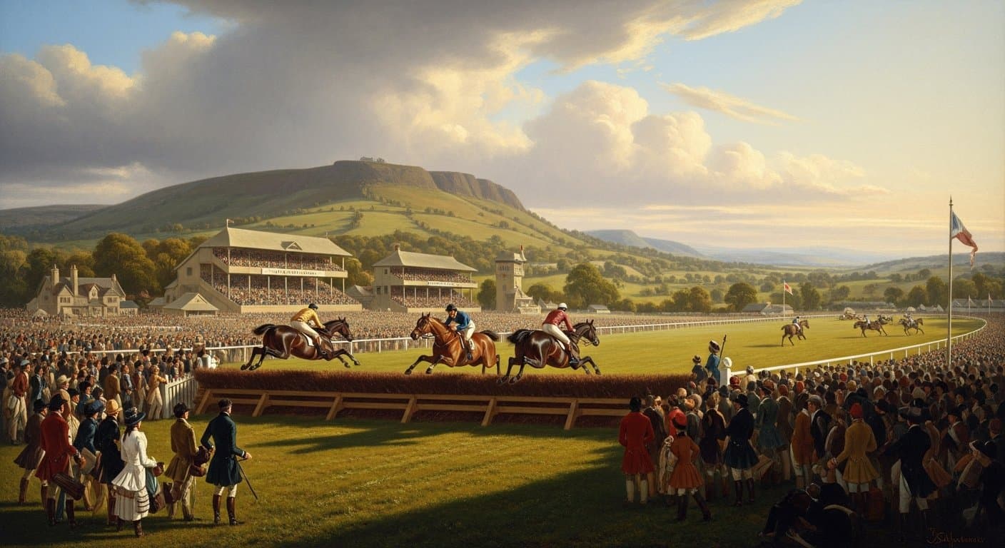 National Hunt horse racing field approaching a fence