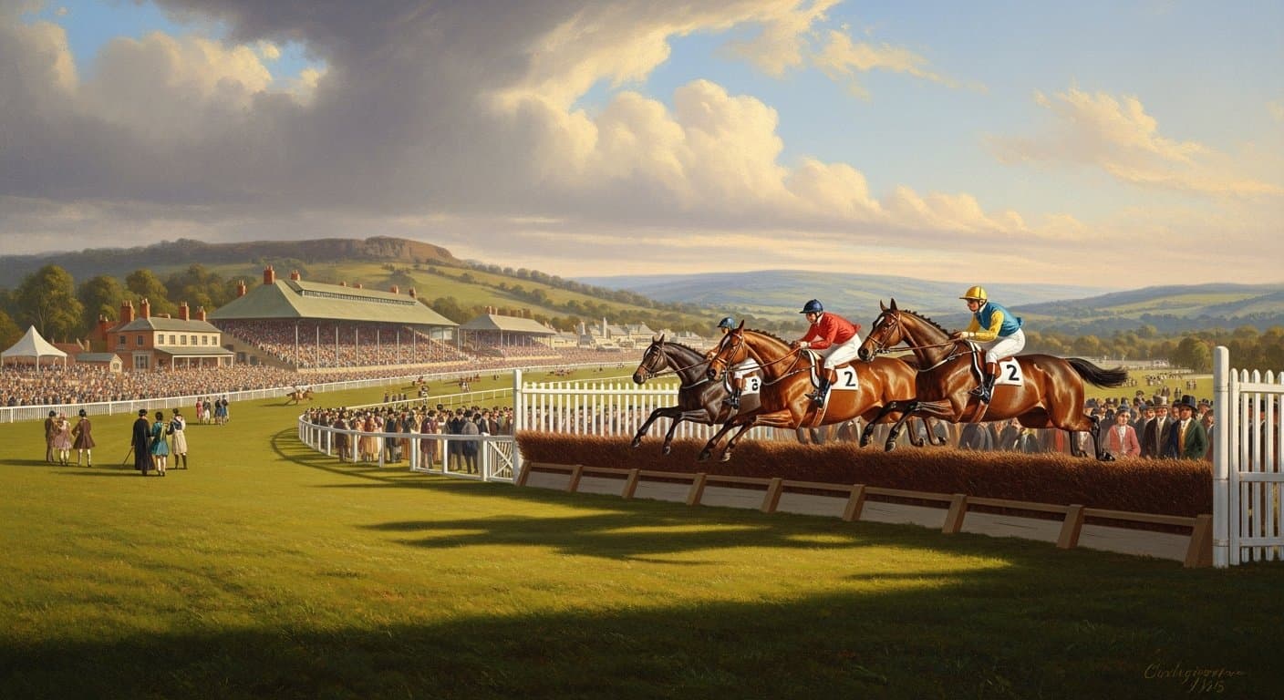 National Hunt steeplechase horse racing with jockeys jumping a fence