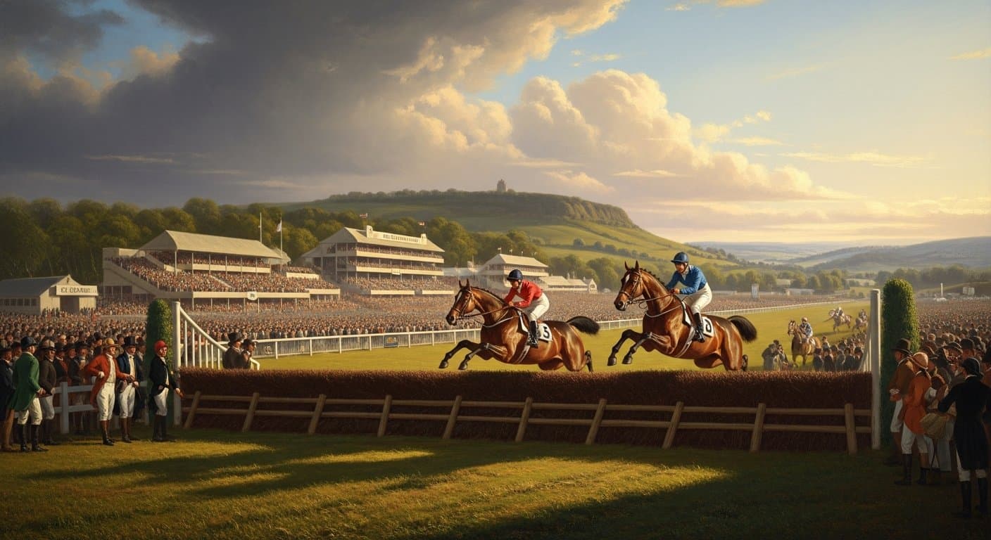 National Hunt horse racing with jockeys approaching a hurdle