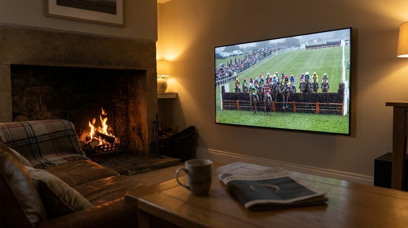 A television broadcast of Cheltenham Festival racing playing in a cosy living room