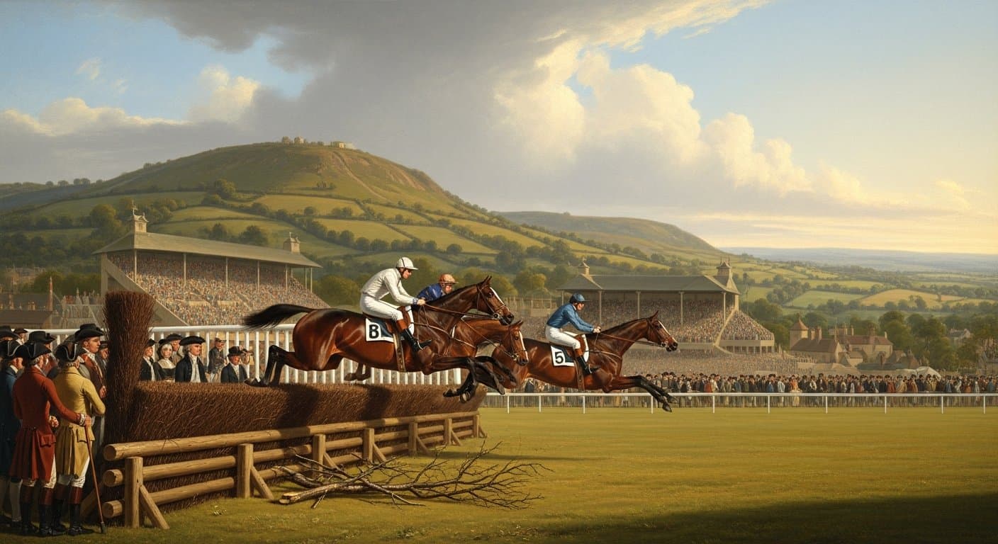 Horses racing over fences during a National Hunt steeplechase