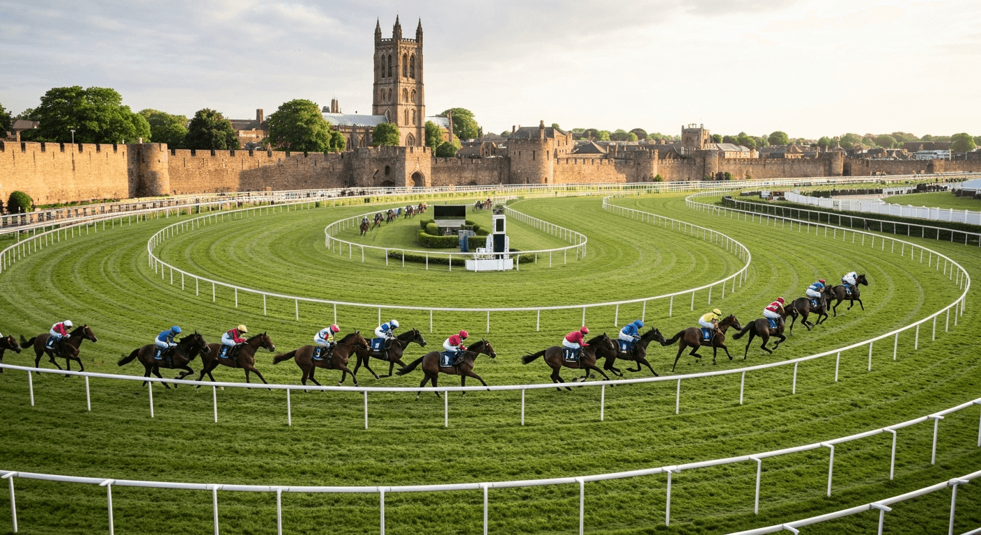 Racehorses rounding the tight bend at Chester racecourse with the medieval city walls behind