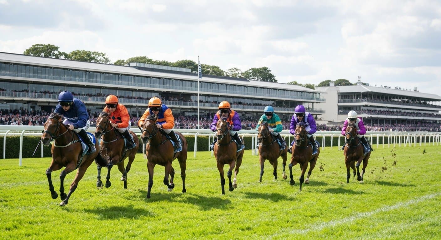 Three-year-old fillies racing to the line at Epsom in the Oaks