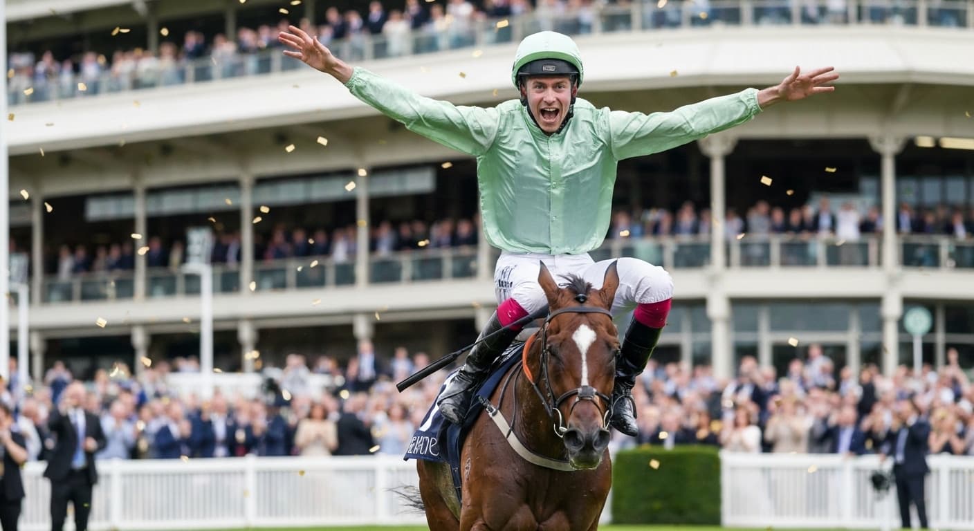 A jockey performing a celebratory flying dismount at Royal Ascot