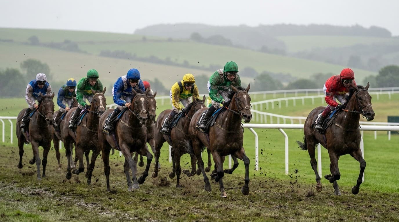 Fillies racing on soft ground at Goodwood racecourse