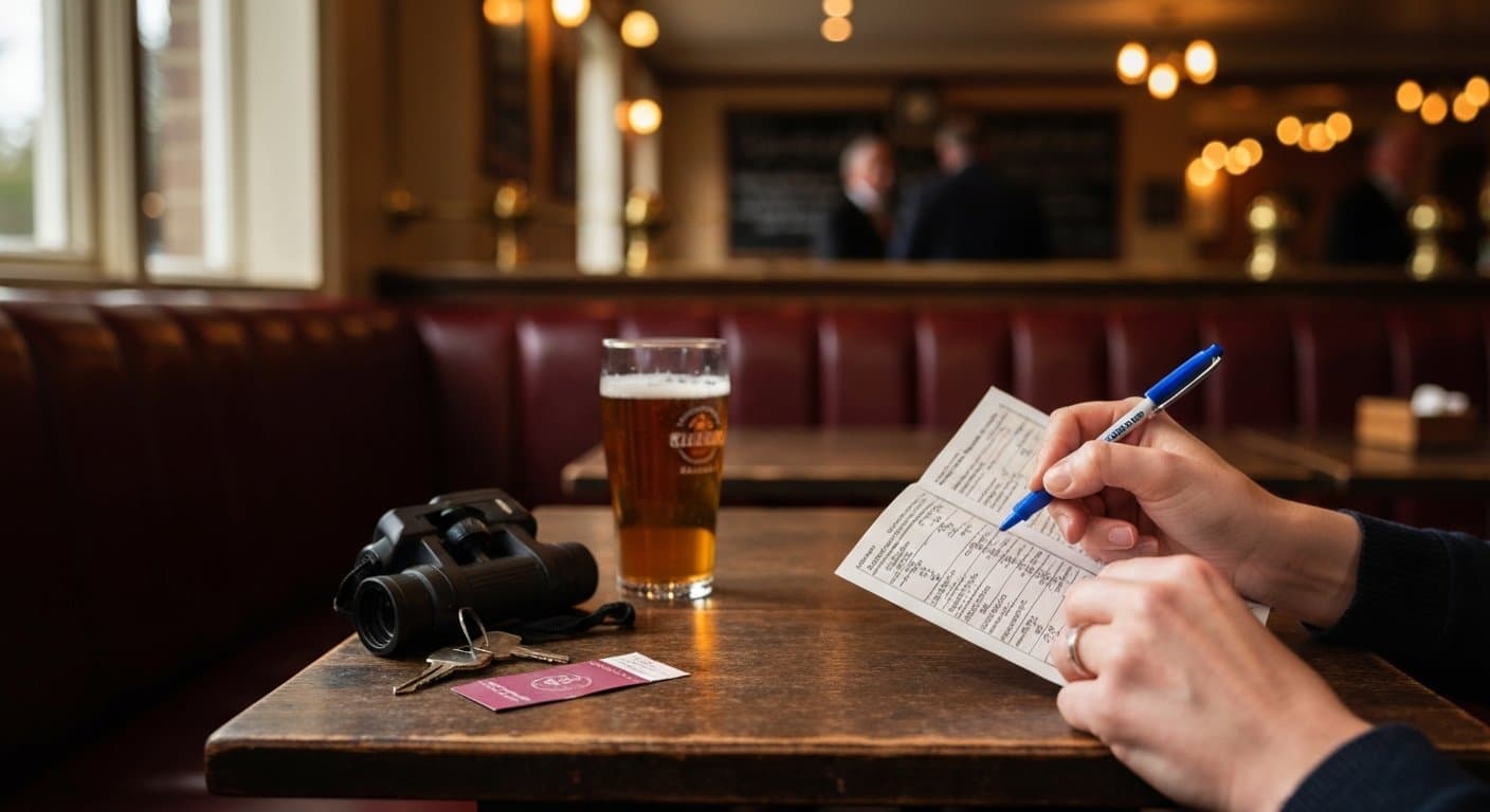 Close-up of hands marking a racecard with a pen on a pub table