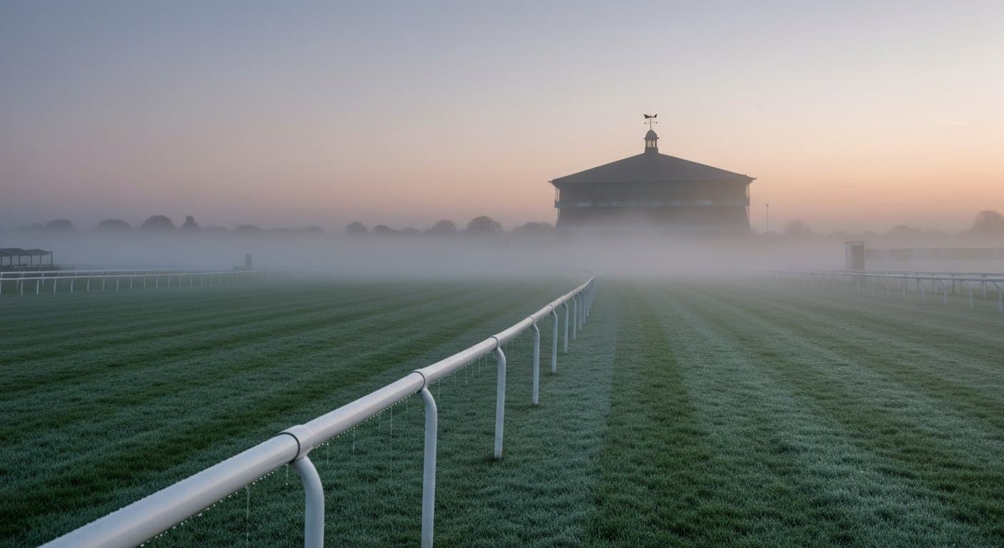 Empty Aintree racecourse at dawn with mist rising from the turf