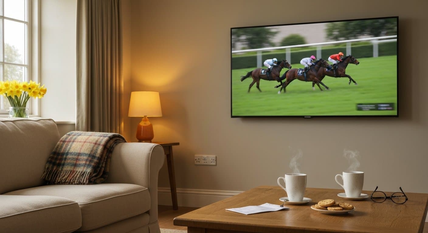 A cosy British living room with the Grand National showing on the television