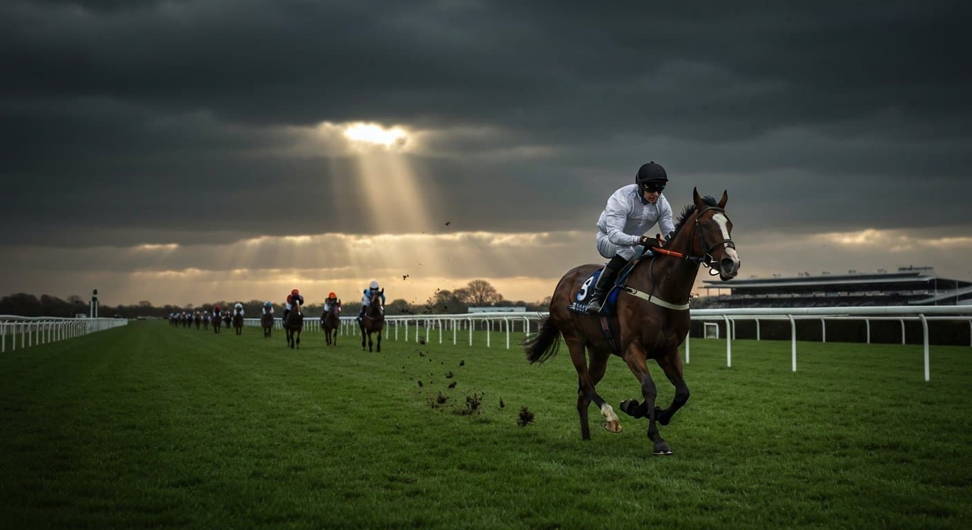 A lone dark bay racehorse galloping under a shaft of light at Aintree