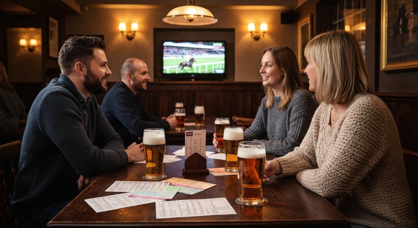 Friends watching the Grand National in a pub with sweepstake slips