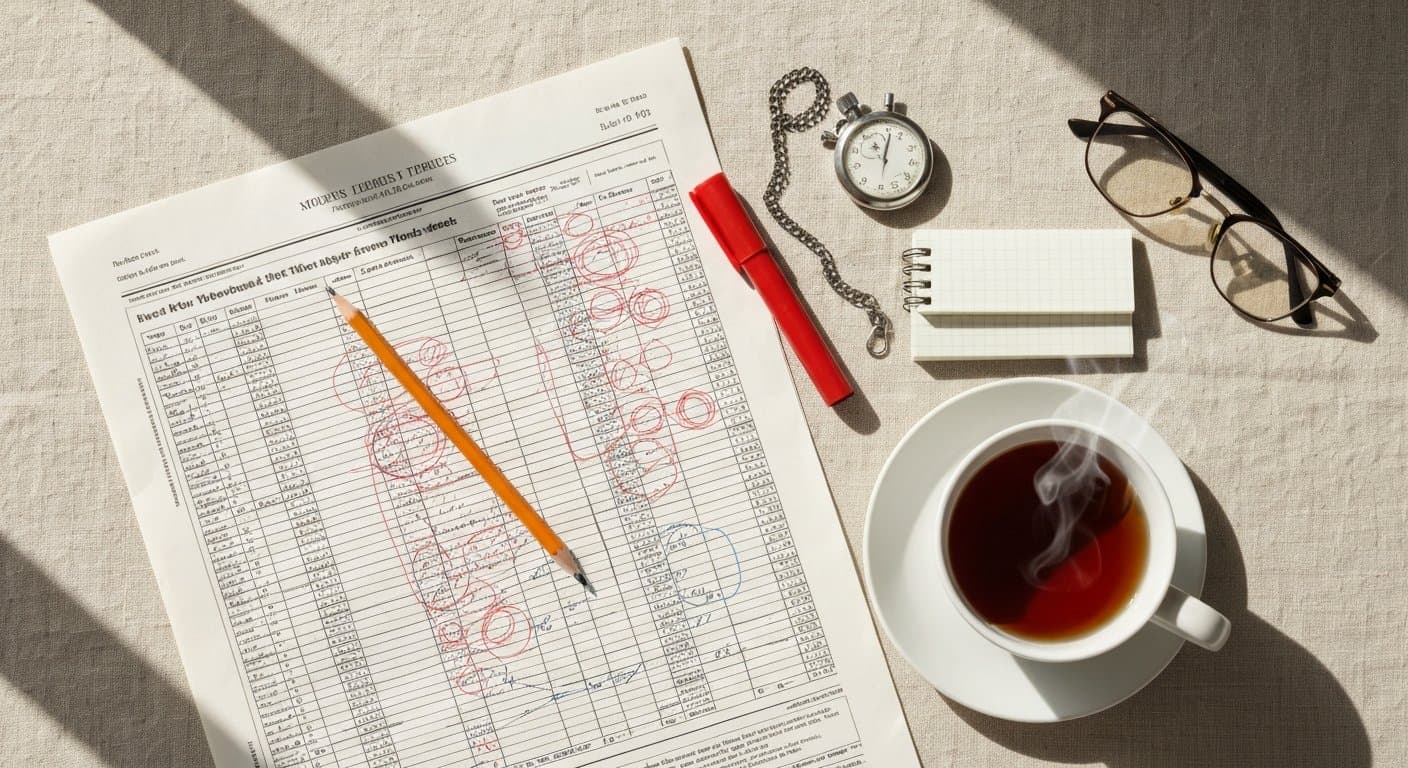 Overhead flat-lay of a horse racing form sheet with pencil and stopwatch