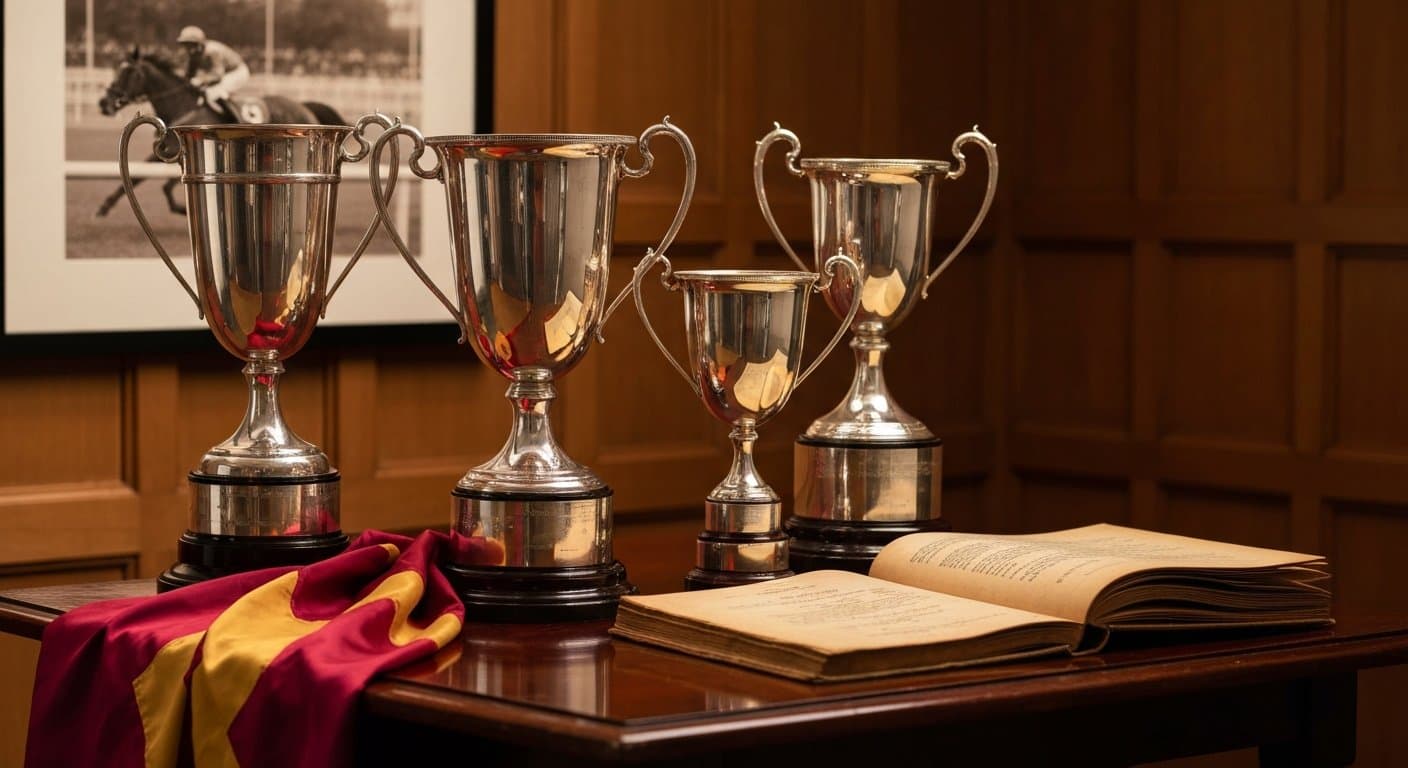Three silver racing trophies draped with red and gold silks on a dark mahogany table