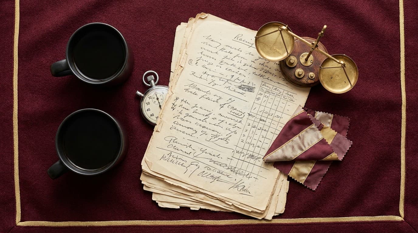 Burgundy-and-brass flat-lay of weight and form notes for the Grand National's winning trends