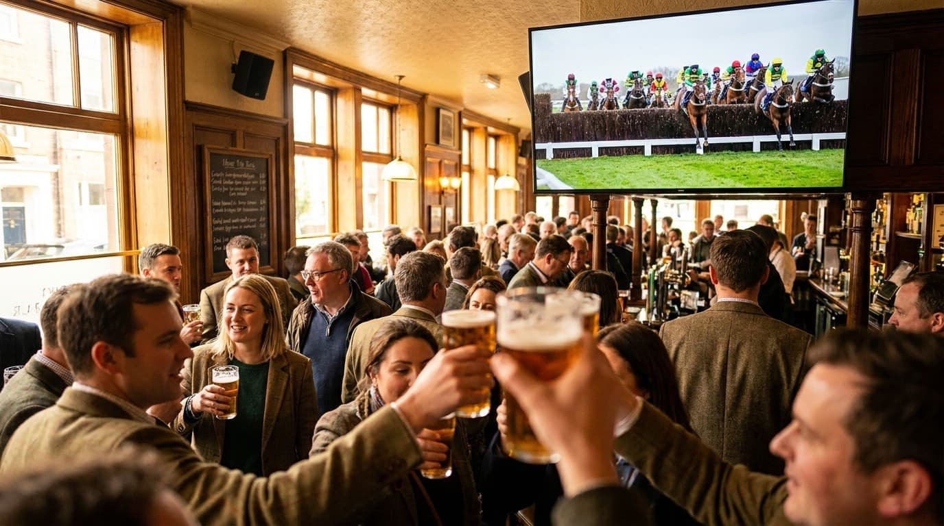 Pub crowd watching a live Grand National broadcast from Aintree on the big screen