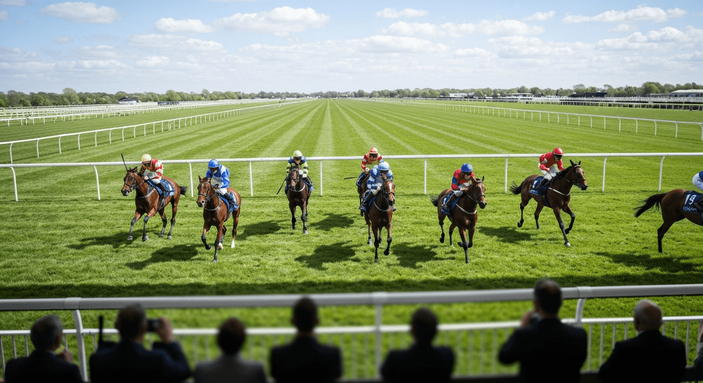 Flat racehorses in full gallop on Newmarket's Rowley Mile