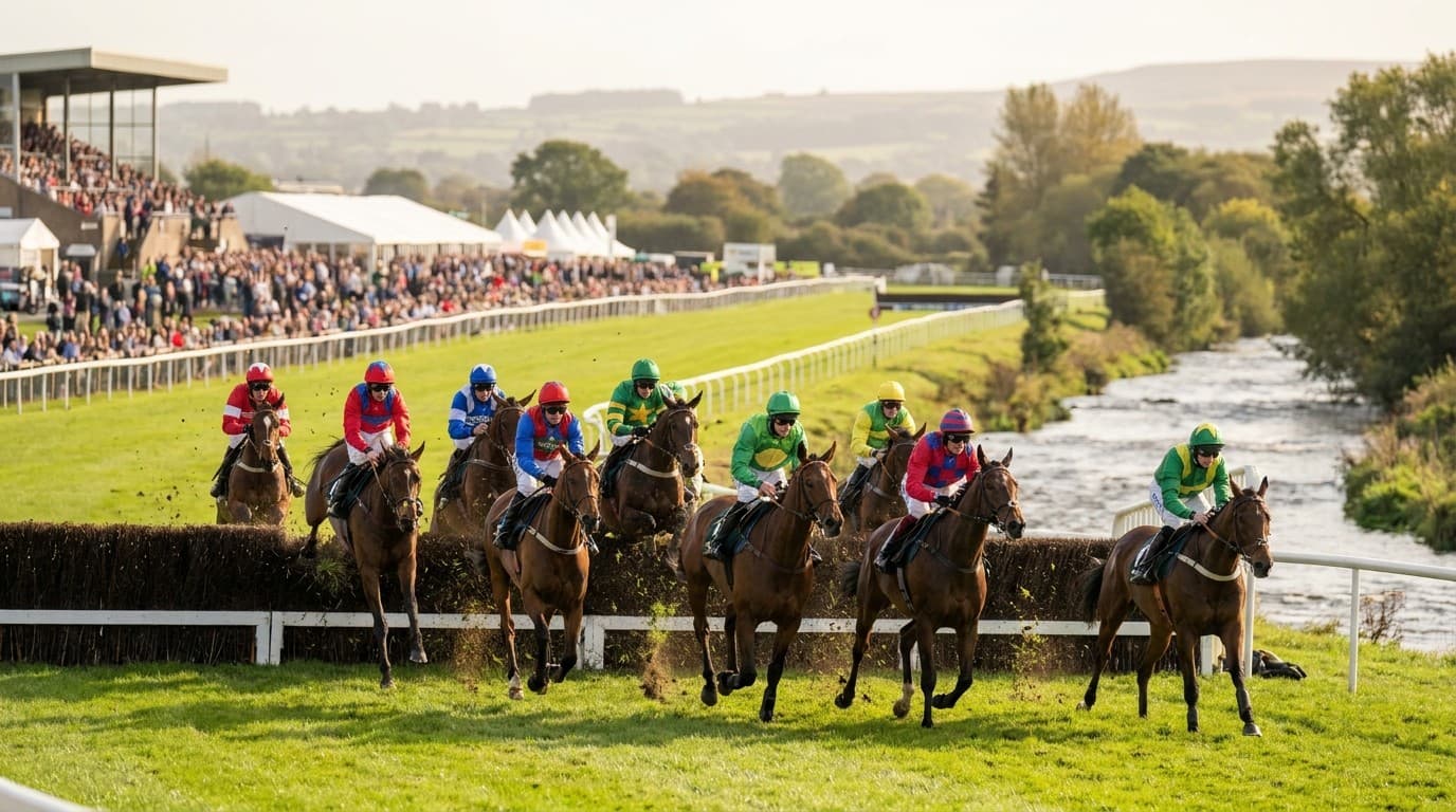 Steeplechasers clear a fence in the Kerry National during Listowel's Harvest Festival